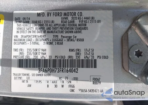 2015 Ford Fusion Se from USA, damaged, VIN 3FA6P0H73FR164042